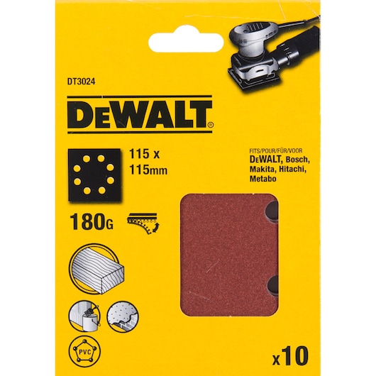 DEWALT DT3024 sanding sheets, 115x115mm, 180 grit, pack of 10, compatible with multiple brands.