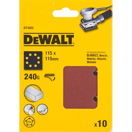 Packaging of DEWALT DT3025 sanding sheets for orbital sanders, showing 115 x 115 mm size, 240 grit, compatible with several brands, and illustrations for use on wood, metal, and PVC. The pack contains 10 sheets.
