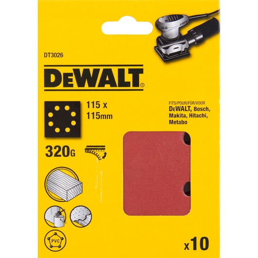 DEWALT DT3026 sanding sheets, 320 grit, 115x115mm, pack of 10 for wood, PVC, compatible with various brands.