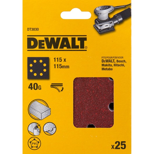 DeWalt DT3030 sanding sheets, 115x115mm, 40 grit, suitable for wood and PVC, pack of 25.