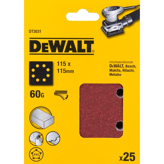 DEWALT DT3031 sanding sheets 115x115mm, 60 grit, 25 pack, compatible with multiple sander brands.