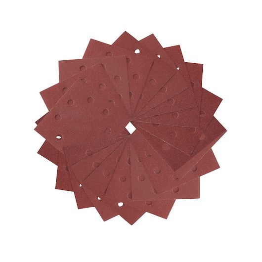A stack of rectangular sanding sheets with round holes, arranged in a circular pattern on a white background.