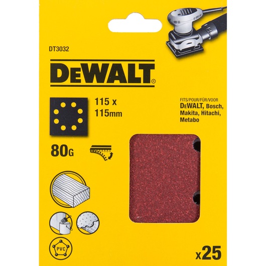 Packaging of DEWALT DT3032 sanding sheets, 115 x 115 mm, 80 grit, suitable for use with DEWALT, Bosch, Makita, Hitachi, and Metabo sanders. The yellow package features an image of a sander, icons for wood, PVC, paint, and plaster surfaces, and contains 25 sheets.