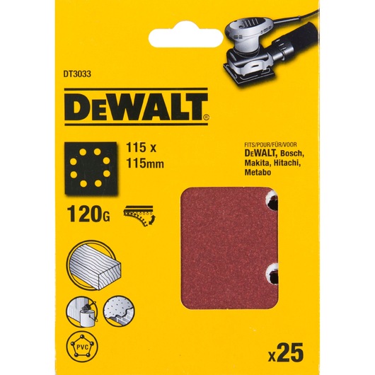 DEWALT DT3033 sanding sheets, 115x115mm, 120 grit, 25 pieces for multiple brands, shown in yellow packaging.