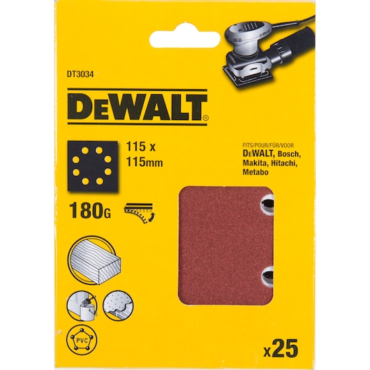 DEWALT DT3034 sanding sheets, 115x115mm, 180 grit, 25 pack for wood, PVC, fits various brands.