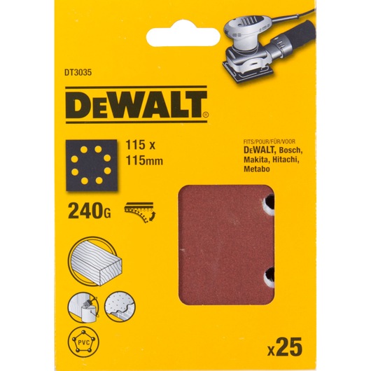 DEWALT DT3035 sanding sheets, 115x115mm, 240 grit, pack of 25, suitable for various brands, yellow packaging.