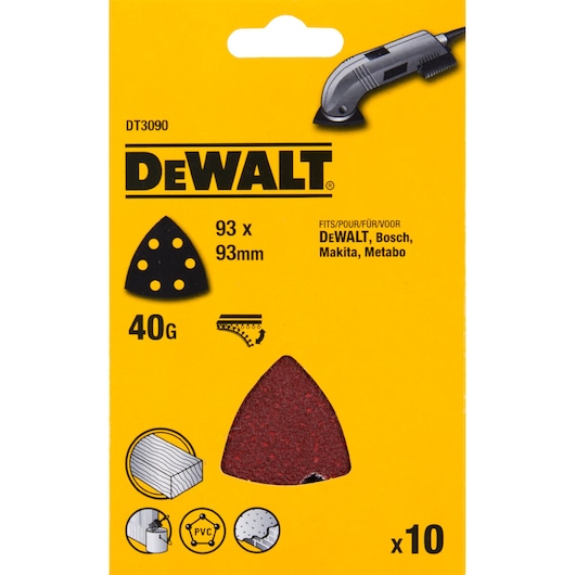 Front image of a DEWALT DT3090 sanding sheet pack (93x93mm, 40 grit), showing one triangular red sanding sheet through a cutout. Packaging indicates compatibility with DEWALT, Bosch, Makita, and Metabo tools, suitable for wood, PVC, and other materials. Contains 10 sheets.