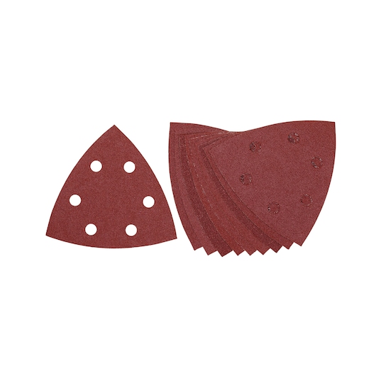 Triangle sanding sheets with holes, stacked and single, for detail sanders on white background.