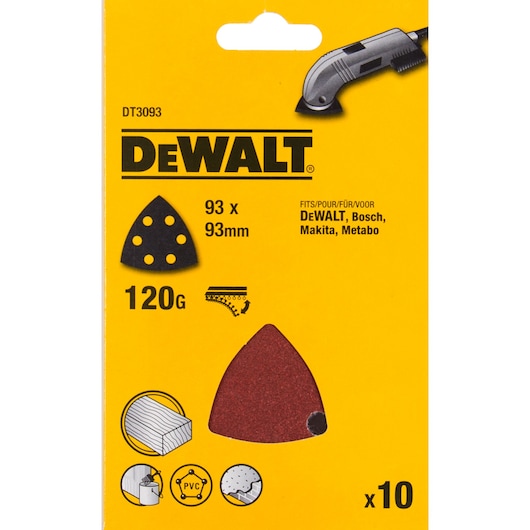 DEWALT DT3093 pack with ten 93x93mm sanding sheets, 120 grit, for wood, PVC and compatible with multiple brands.