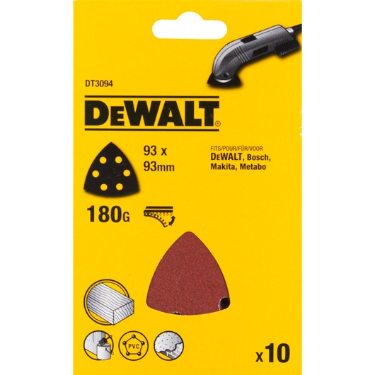 DEWALT DT3094 sanding sheets, 93x93mm, 180 grit, for wood, PVC, fits multiple brands, pack of 10.