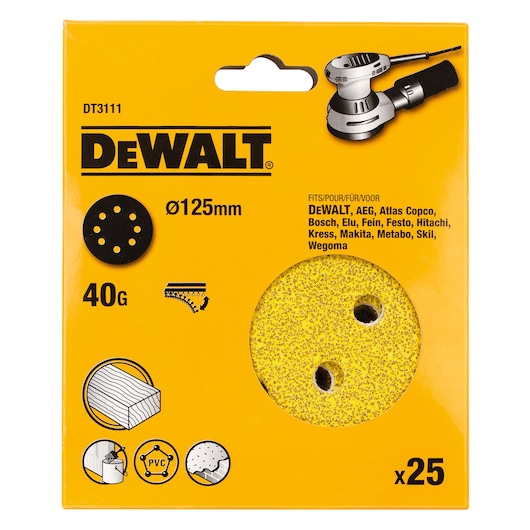 Front view of a DEWALT DT3111 package containing 25 circular sanding discs, 125mm in diameter, 40 grit. The yellow packaging shows compatibility with various brands of sanders and includes icons indicating use on wood, PVC, paint, and other materials.