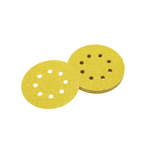 A stack of round yellow sanding discs with eight holes in each disc, used for orbital sanders.
