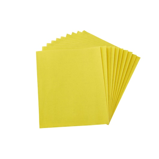 A stack of yellow rectangular DEWALT sanding sheets arranged in a fanned-out pattern on a white background.