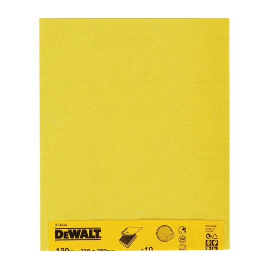 DEWALT DT3234 yellow sandpaper sheet with product info label at the bottom.