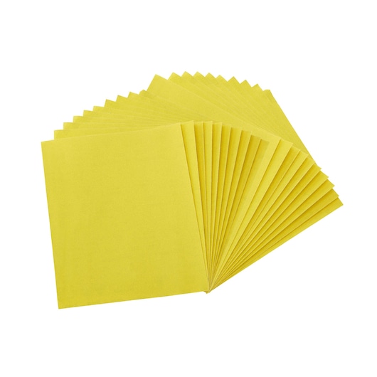 A set of yellow rectangular sandpaper sheets fanned out on a white background.