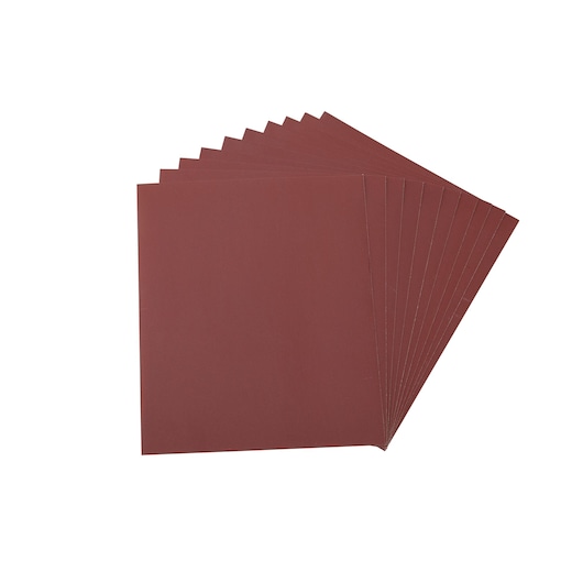 Stack of brown rectangular sanding sheets fanned out against a white background.