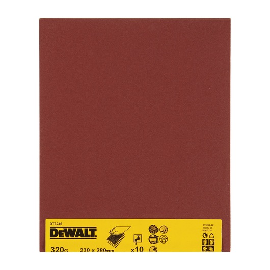 DEWALT DT3246 sandpaper sheet, 320 grit, 230x280mm, pack of 10, brown with yellow label.