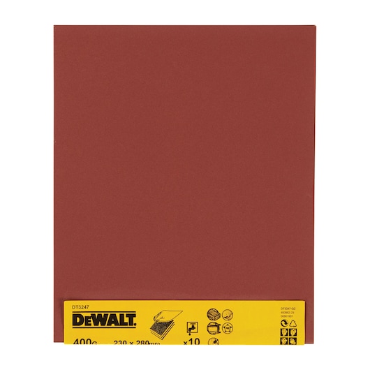 DEWALT DT3247 sandpaper sheet, 400 grit, 230 x 280 mm, shown in red with a yellow product label at the bottom. The label displays the DEWALT logo, grit size, dimensions, and sanding application icons.