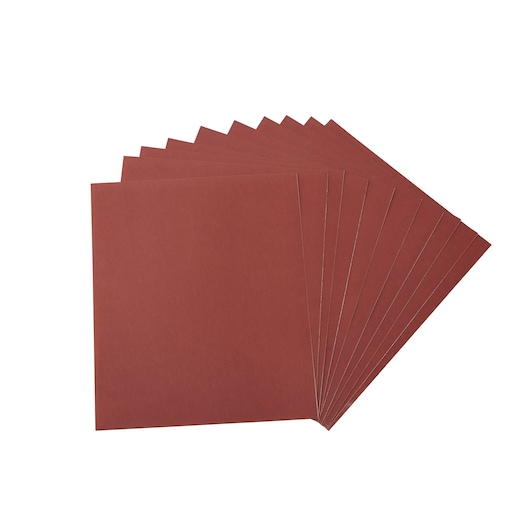 A set of brown rectangular sanding sheets fanned out on a white background.