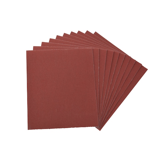 Stack of rectangular brown sanding sheets fanned out on a white background.