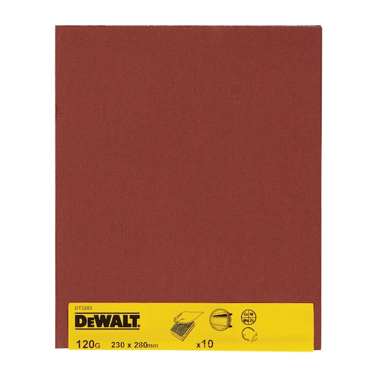 A DEWALT DT3282 pack of sandpaper sheets, grit size 120, measuring 230 x 280 mm. The packaging is yellow with black text and icons, indicating the quantity as 10 sheets.