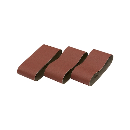 Three brown DEWALT sanding belts arranged side by side on a white background.
