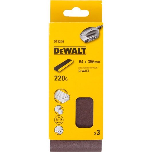 DEWALT DT3299 sanding belts, 64x356mm, 220 grit, pack of 3 for wood, PVC, and other surfaces.