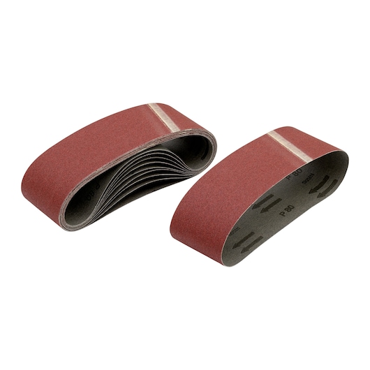 Two red abrasive sanding belts are shown, used for surface sanding with compatible power tools.
