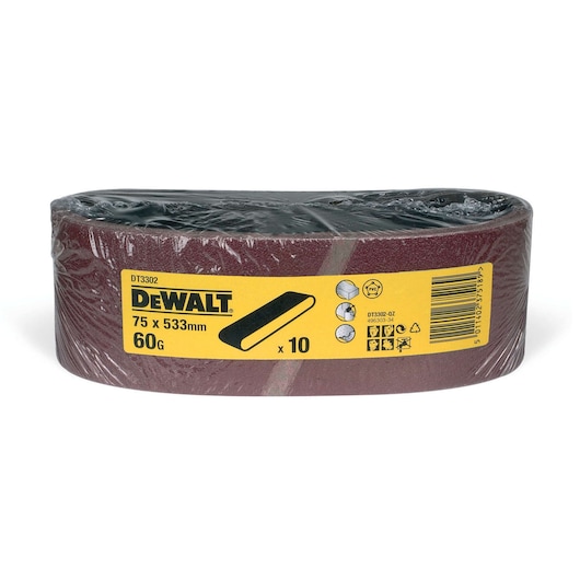 Pack of 10 DEWALT sanding belts, 75 x 533mm, 60 grit, wrapped in plastic with yellow label.