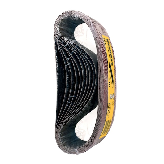 Pack of DEWALT DT3302 sanding belts, brown abrasive loops sealed in clear plastic, used for sanding surfaces.