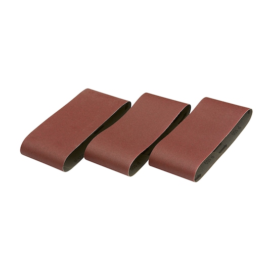 Three brown DEWALT sanding belts arranged side by side, used for surface finishing and smoothing.