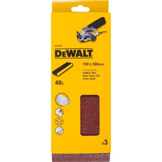 DEWALT DT3312 sanding belt pack, 100x560mm, 40 grit, fits several brands, for wood, PVC, and metal. Contains 3 belts.
