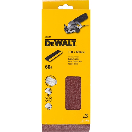 DEWALT DT3314 sanding belts, 100x560mm, 60 grit, pack of 3 for wood, PVC, and other materials.