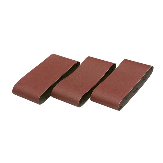 Three DEWALT sanding belts in brown, arranged side by side, suitable for use with belt sanders.