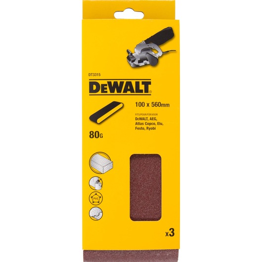 Front view of a DEWALT DT3315 packaging for sanding belts, sized 100 x 560 mm and 80 grit. The yellow packaging shows compatibility with several brands, includes three sanding belts, and has illustrations indicating it can be used on wood, PVC, and other materials.