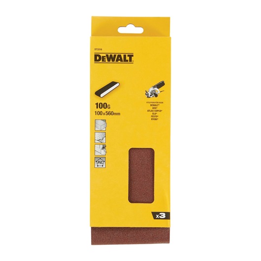 DEWALT DT3316 sanding belt pack, 100G grit, 100x560mm, contains 3 belts for various materials.