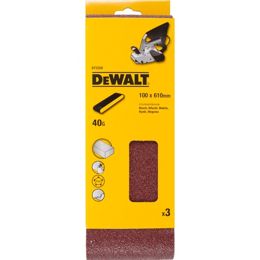 DEWALT DT3320 sanding belt pack, 100x610mm, 40 grit, fits several brands, 3 belts in yellow packaging.