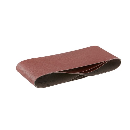 A brown DEWALT sanding belt shown folded on a white background, used for smoothing surfaces in woodworking.