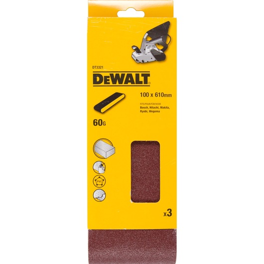 DEWALT DT3321 60G sanding belts 100x610mm, pack of 3 for wood, PVC, and metal, yellow packaging.
