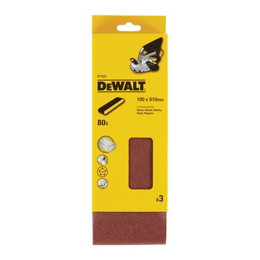 DEWALT DT3322 sanding belt pack with yellow packaging, showing three sanding belts of 100 x 610mm size and 80 grit. The package displays compatibility with Bosch, Hitachi, Makita, Ryobi, and Wegoma, and includes icons for materials like wood, metal, PVC, and plaster.