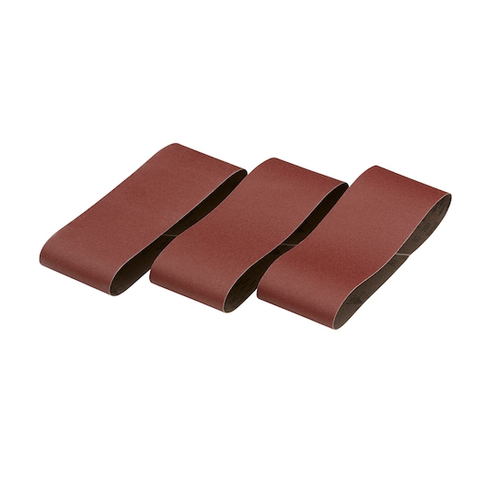 Three brown sanding belts displayed side by side on a white background.
