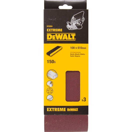 DEWALT DT3324 belt sanding sheets, 100x610mm, 150G, pack of 3, for wood, metal, PVC. Extreme series packaging.