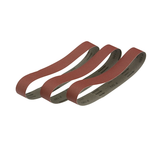 Three red abrasive sanding belts for power tools are arranged side by side on a white background.