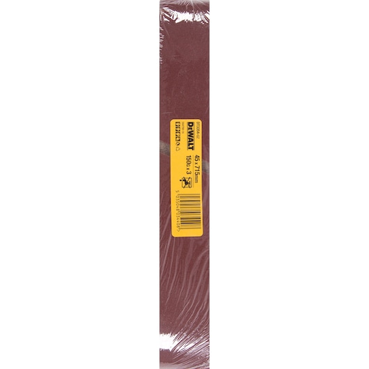 DEWALT DT3354 sanding belt, 45x715mm, brown, in packaging with yellow label and barcode visible.