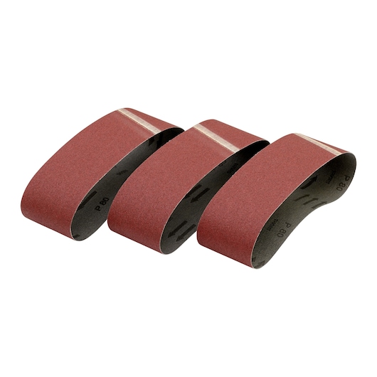 Three red DEWALT sanding belts with grit P80, displayed side by side on a white background.