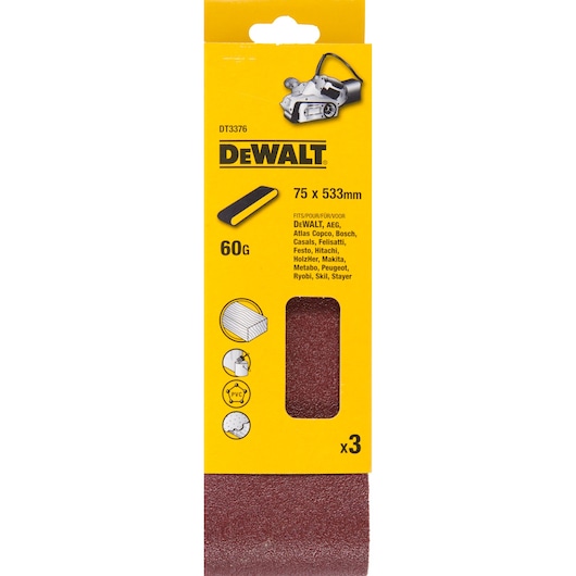 DEWALT 75x533mm sanding belts, 60 grit, pack of 3. For multiple brands and surfaces, yellow packaging.