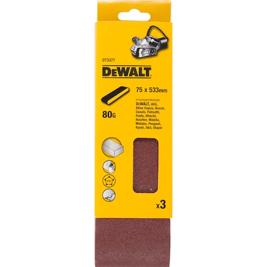 DEWALT DT3377 sanding belts 75x533mm, 80 grit, pack of 3, suitable for wood, PVC, and metal surface sanding.