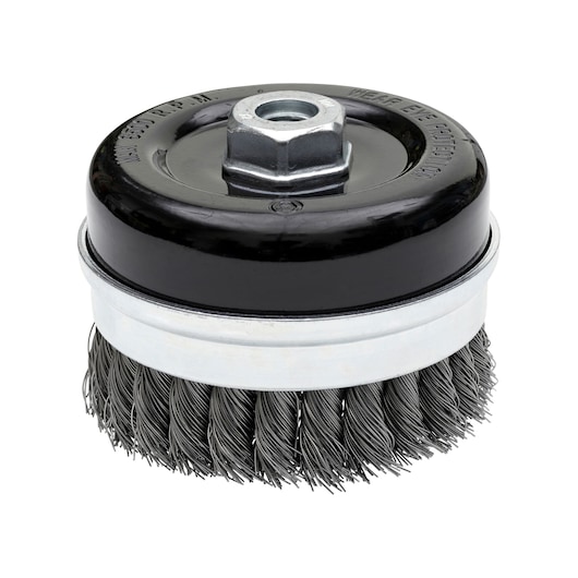 Round wire cup brush with a metal base and twisted bristles for cleaning or surface preparation tasks.