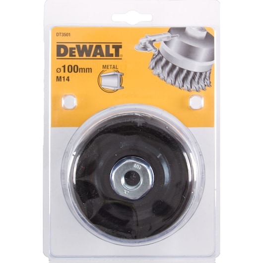 DEWALT DT3501 wire brush accessory for metal, 100mm size, in retail packaging.