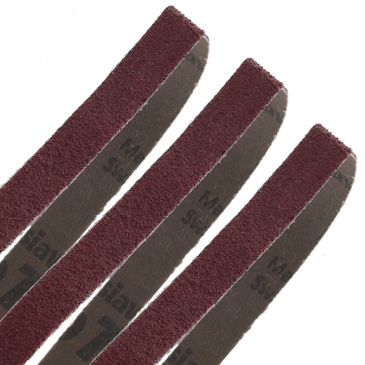 Close-up image of four maroon abrasive sanding belts, laid side by side, showing their textured surfaces.